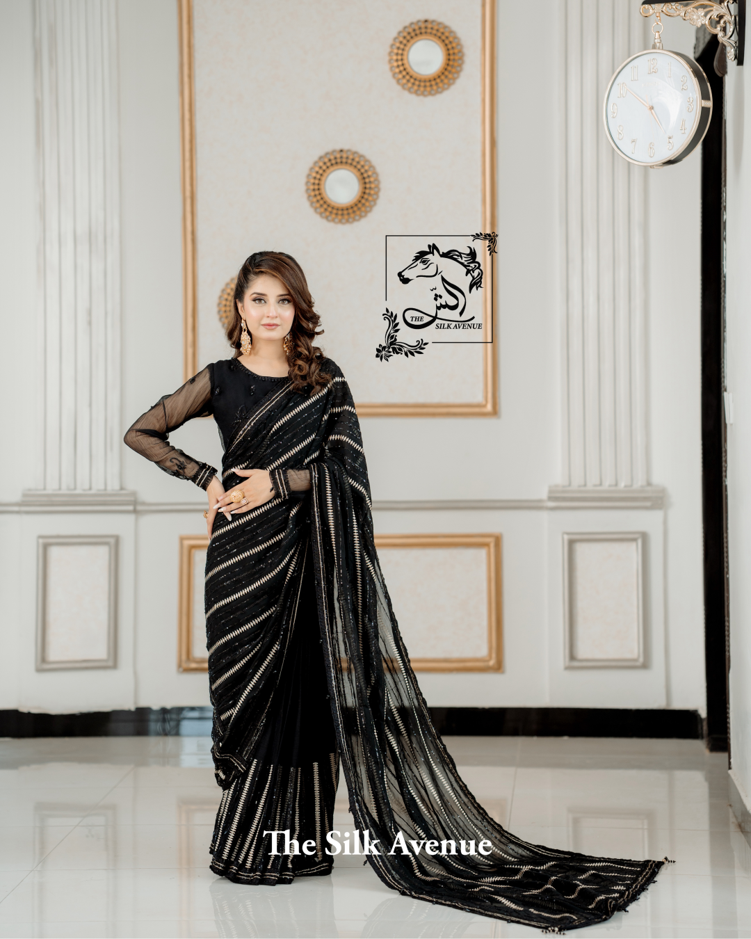 Black and Gold Embroidered Chiffon Sarree
