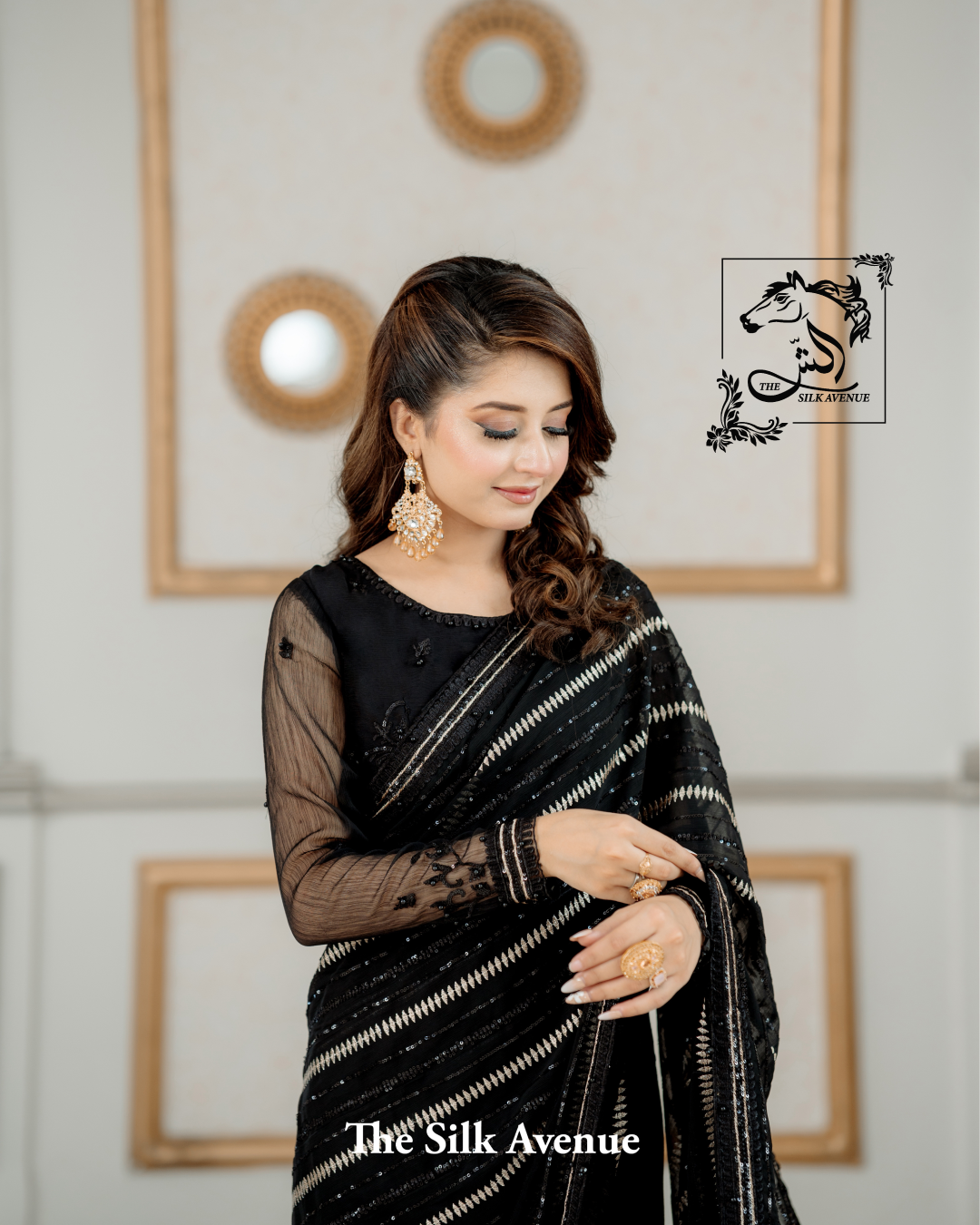 Black and Gold Embroidered Chiffon Sarree