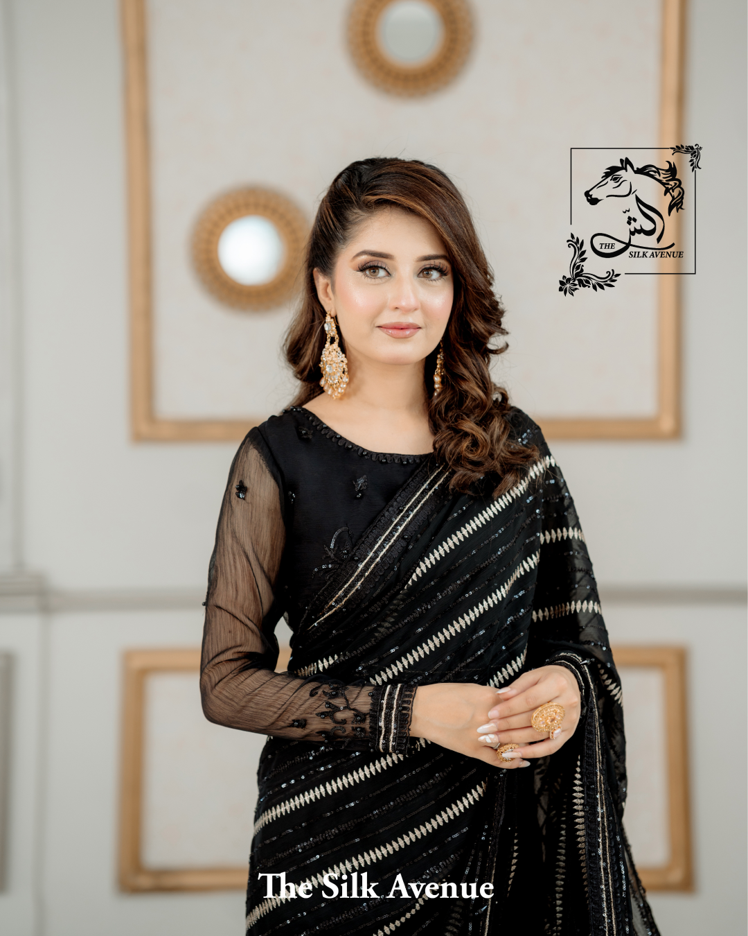 Black and Gold Embroidered Chiffon Sarree