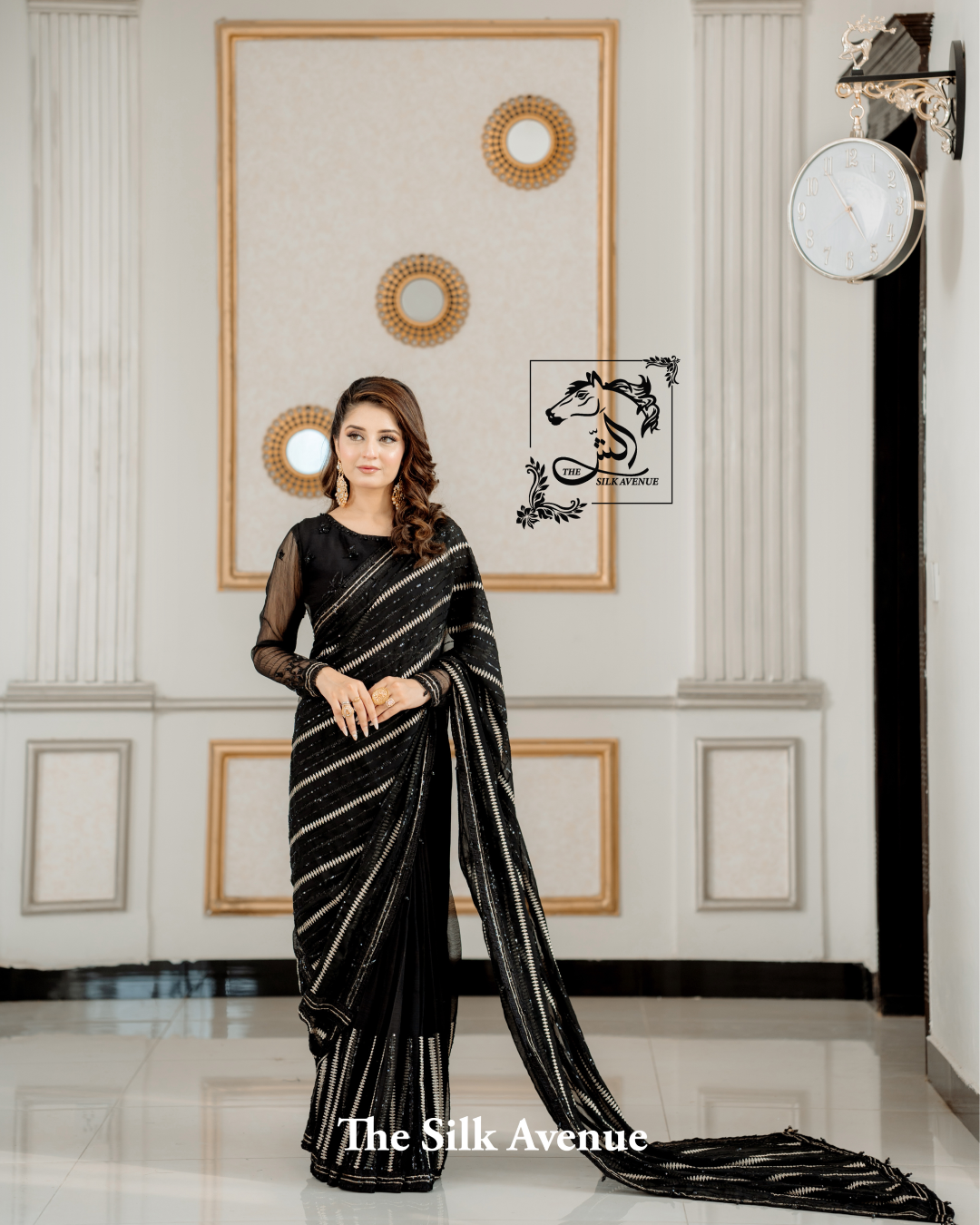 Black and Gold Embroidered Chiffon Sarree