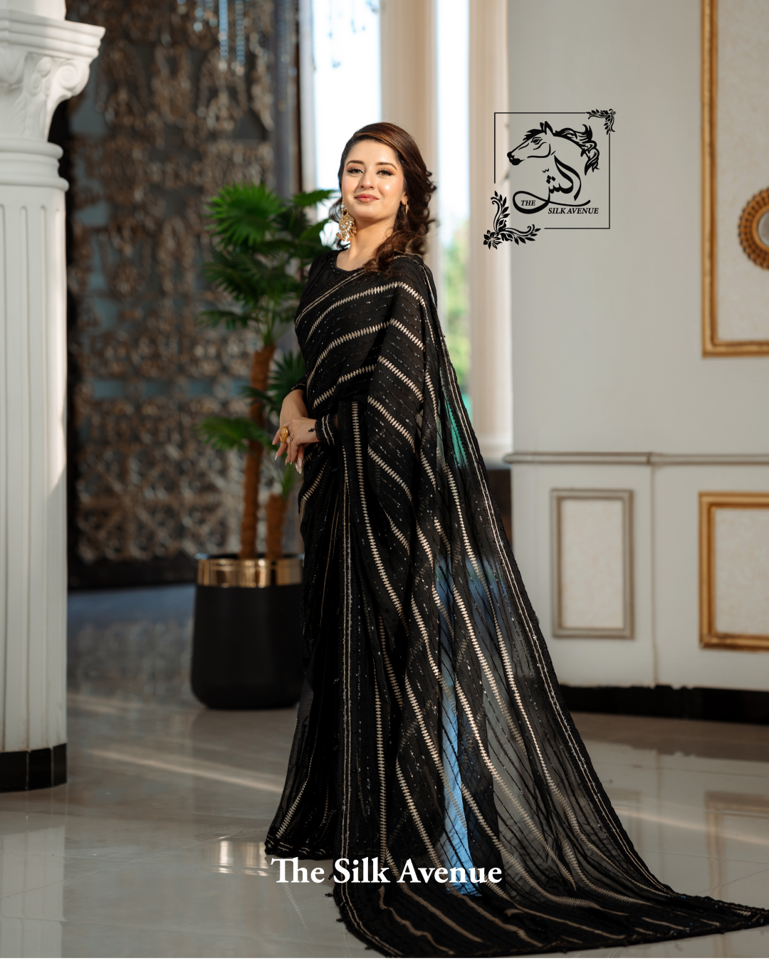 Black and Gold Embroidered Chiffon Sarree