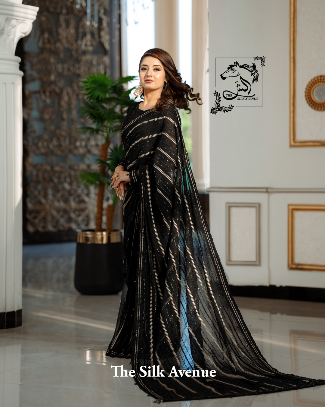 Black and Gold Embroidered Chiffon Sarree
