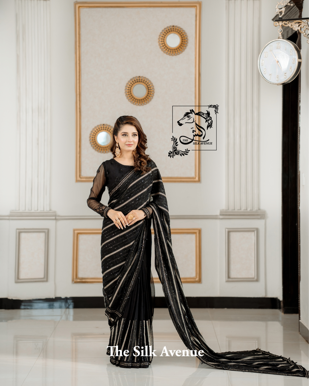 Black and Gold Embroidered Chiffon Sarree